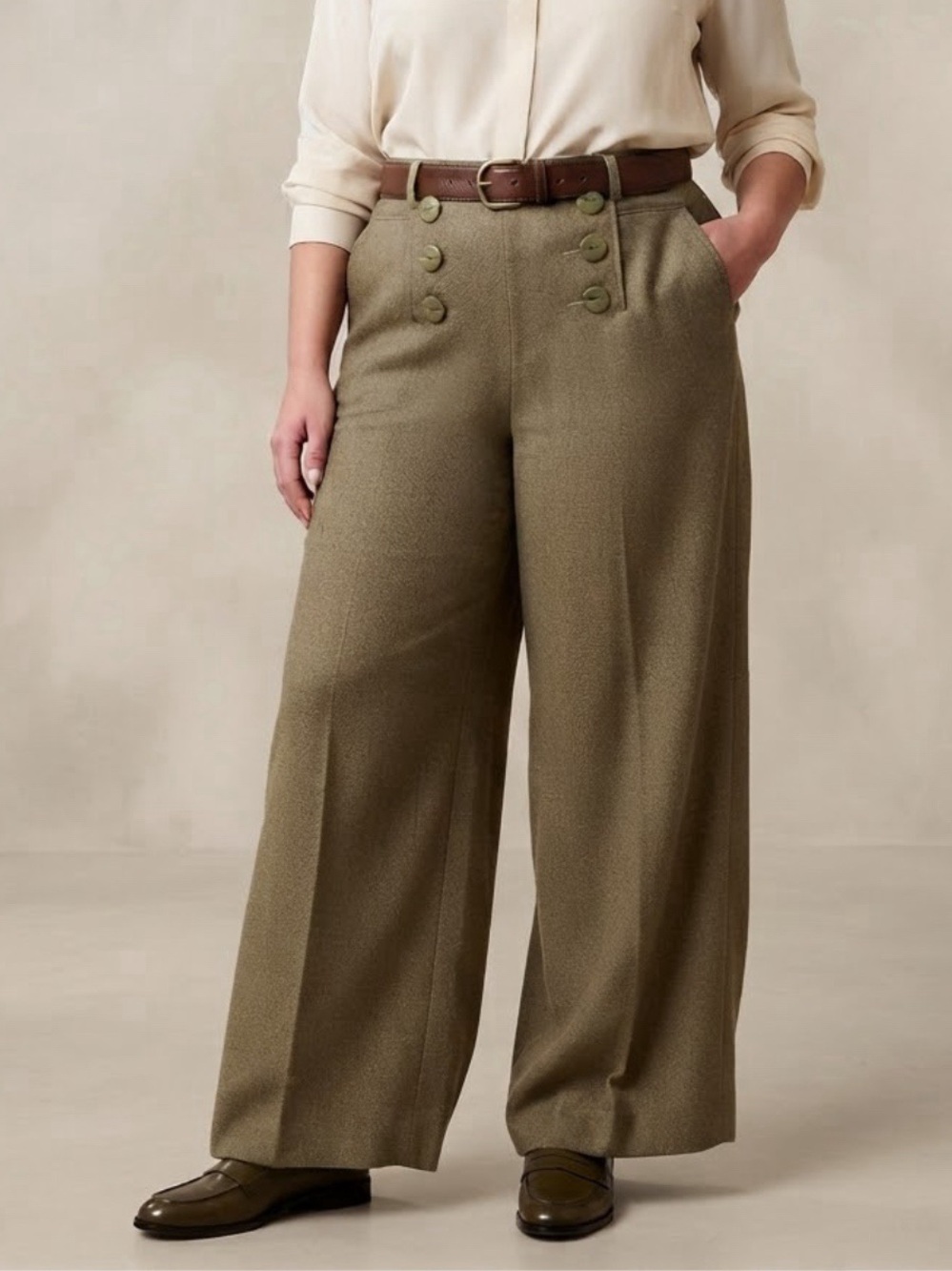 Larry Levine Olive Wide-Leg High-Rise Trousers with Button Detail